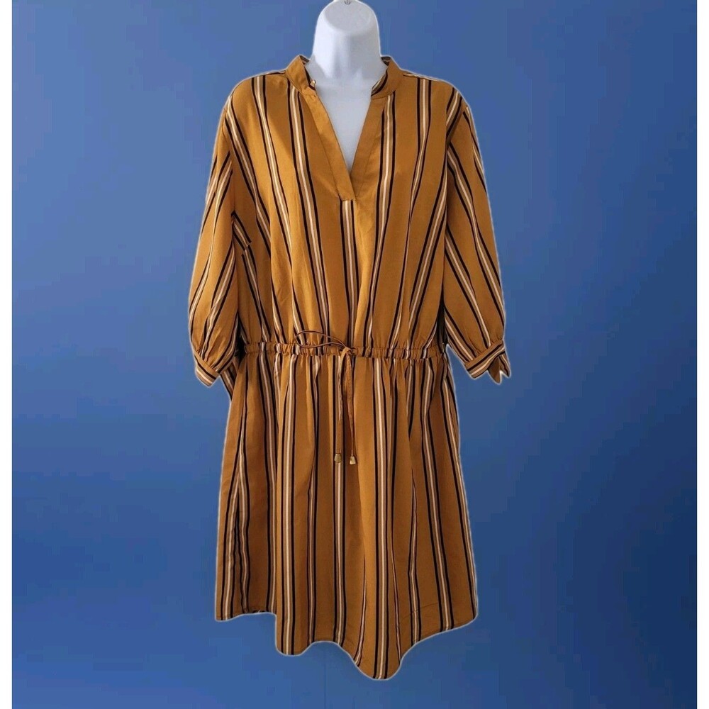 HINT OF BLUSH Size 1x Pullover Dress Striped Mustard Blue Long Sleeves V-neck